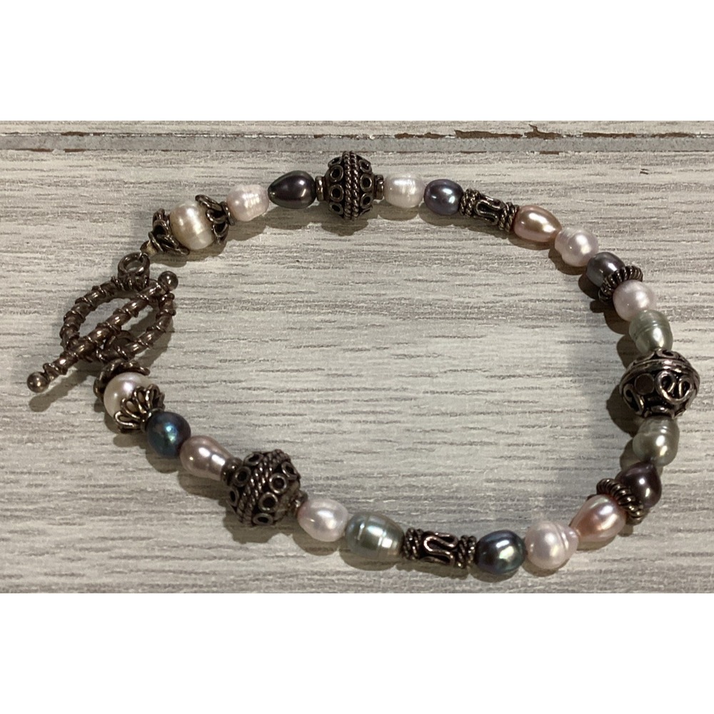 Silvertone 8.5" Bracelet w/ Multicolor Faux Pearls and Beads Textured